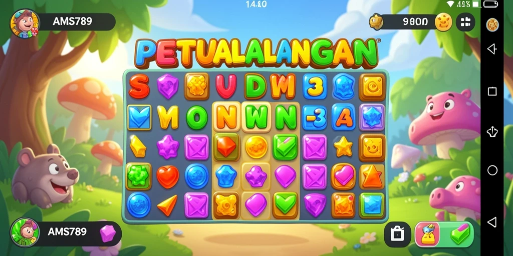 Screenshot gameplay AMS789 dengan level Match-3 yang penuh warna.