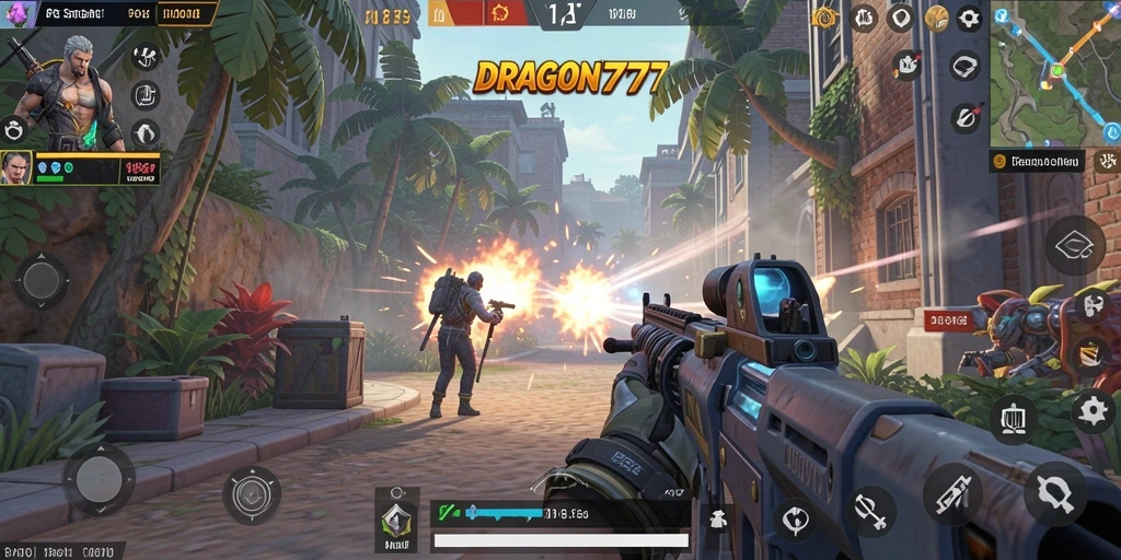 Tampilan gameplay menegangkan dari DRAGON777 di tengah pertempuran FPS.