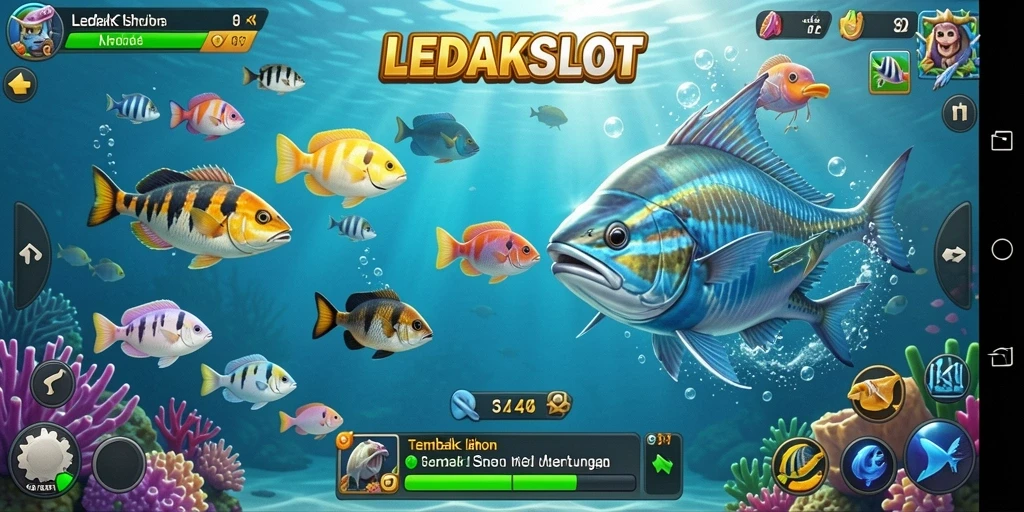 Screenshot gameplay LEDAKSLOT menampilkan aksi seru menembak ikan.