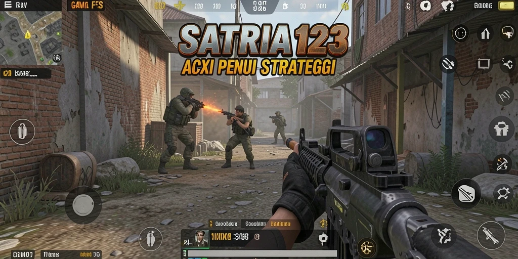 Tampilan screenshot utama SATRIA123 menampilkan aksi pertempuran FPS yang intens.