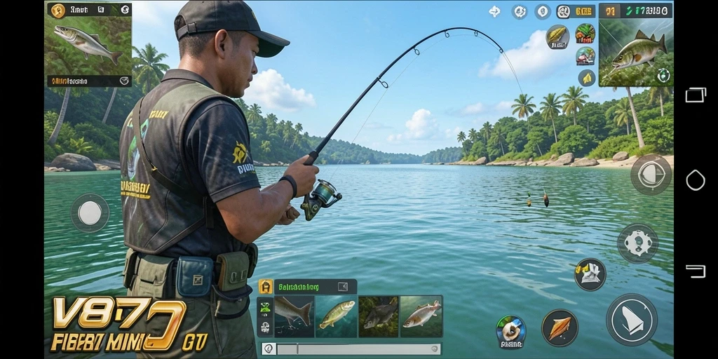 Tampilan gameplay V87 yang menarik saat memancing ikan.